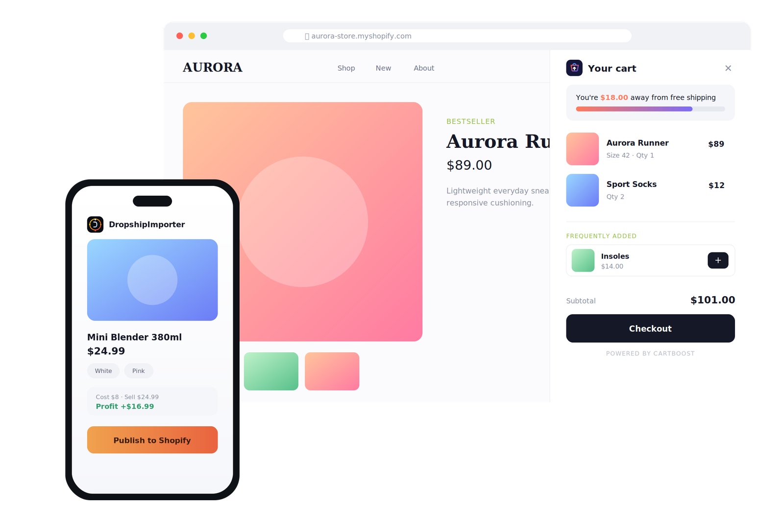 CartBoost cart drawer on a desktop Shopify store, and the DropshipImporter app on a phone